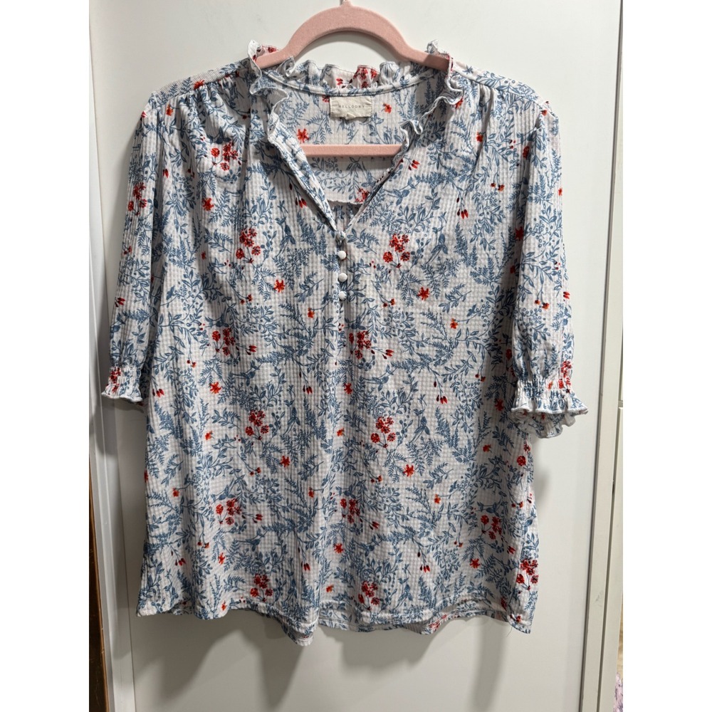 Melloday Floral Gingham Seersucker Blouse XL Blue Red Ruffle Neck Button Top